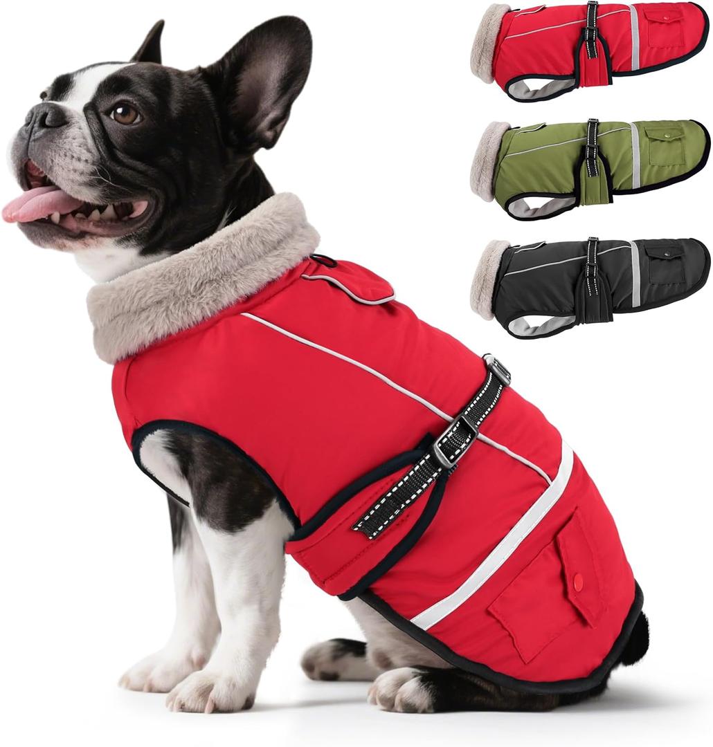 Dog Coat, Warm Dog Winter Coat Reflective Jacket Waterproof Fleece Vest, Pet Jacket Cozy for Cold Weather, Dogs Snowsuit Windproof, Adjustable Buckle for Small Dogs (Red)