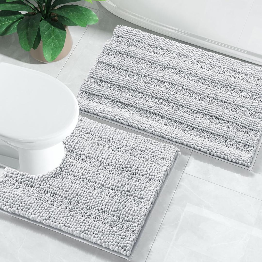 Yimobra Washable Bathroom Rugs Sets 2 Piece, Non Slip and Absorbent Toilet Mat, Quick Dry, Luxury Microfiber Chenille Plush Contour Bath Rugs for Toilet Base (Silver Grey, 17" x 24"+20" x 24.4")