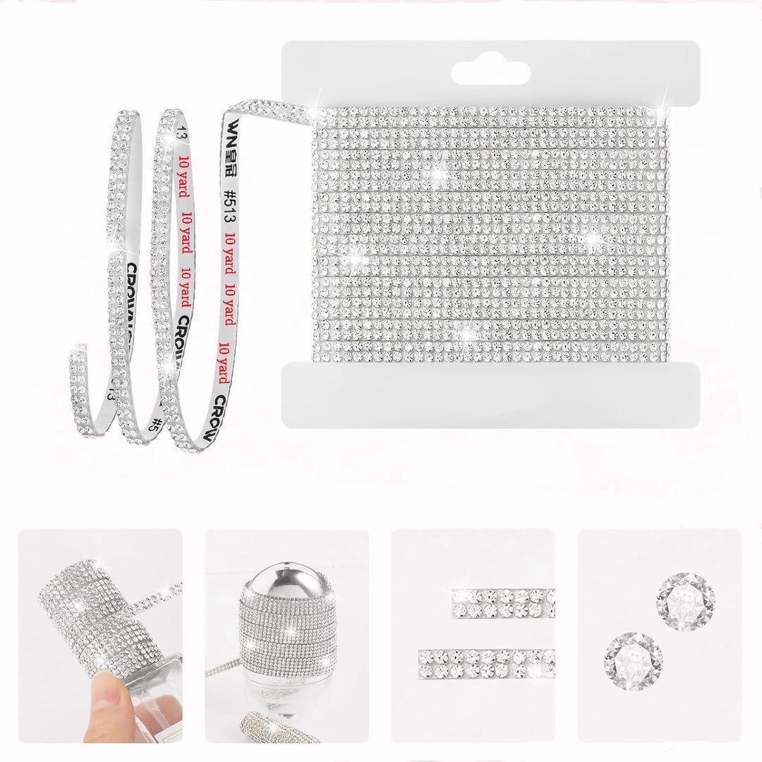 10-Yard Rhinestone Ribbon Self Adhesive Crystal Rhinestones,2-Rows/0.2in Width Bedazzling Strips,10-Yard Rhinestone Strips for DIY Craft,Rhinestones for Crafting,Home Decor,Transparent Crystal