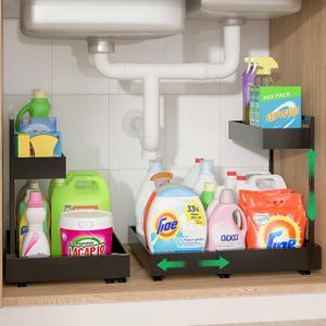 REALINN Expandable Under Sink Organizers and Storage, 2 Tier Under Cabinet Organizer, Heights Adjustable Pull Out Rack for Kitchen Bathroom Laundry, Black, 2 Pack