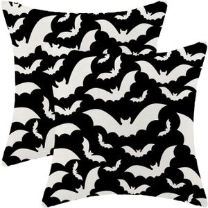 AEIOAE Halloween Pillow Covers 18x18 Inch Set of 2,Black and Cream Bats Throw Pillows Case,Halloween Outdoor Decorative Linen Farmhouse Decor Cushion Covers for Home Sofa Bed Couch