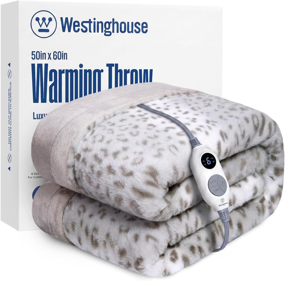 Westinghouse Heated Throw Blanket, Grey Leopard Electric Throw Blanket, Luxury Faux Fur to Flannel Reversible, 6 Heating Levels & 2-10 Hours Time Setting, Machine Washable(Throw, 50"x60")