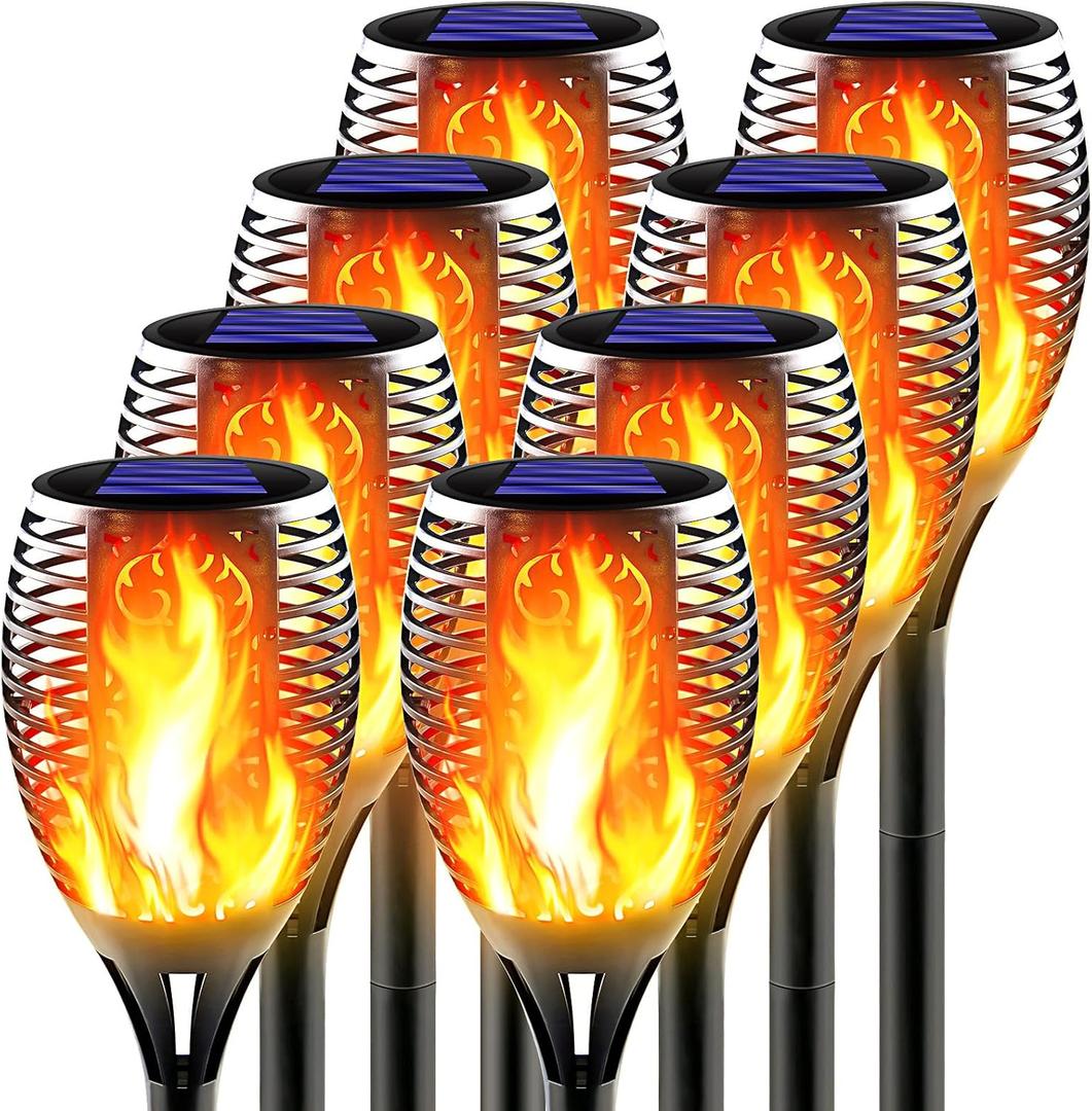Large Solar Torch Light with Flickering Flame, Outdoor Decorative Solar Tiki Torches for Outside, Super Bright Landscape Lighting for Garden, Pathway, Yard, Auto On/Off (Pack of 8)