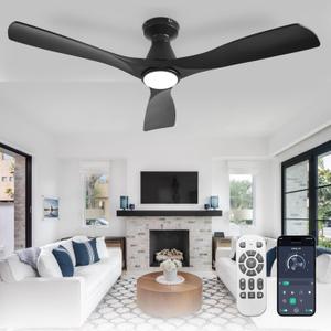 Depuley 52-Inch Ceiling Fans with Lights: Black 3 Blade Flush Mount Low Profile Ceiling Fan for Bedroom - Dimmable Indoor Outdoor Fan with Remote APP Control Ultra Quiet DC Motor Timer