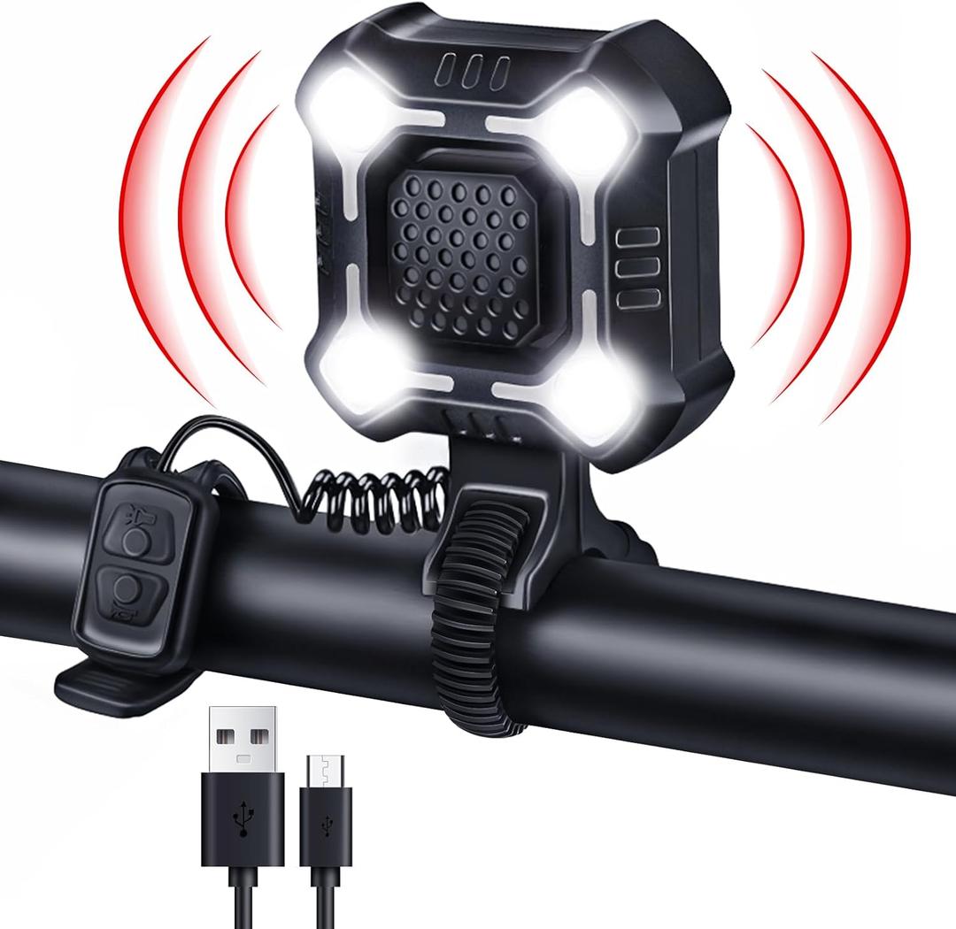 140dB Electric Bike Horn with Front Light, 2 in 1 Bicycle Horn 6 Sound Modes USB Rechargeable, Bike Bell with Large Range Floodlight Bike Horn for Adults Kids Bike Scooter Ebike, IPX6 Waterproof
