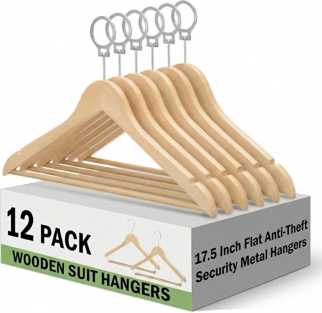 Leinuosen 12 Pack Hotel Suit Hangers, 17.5 Inch Flat Anti-Theft Security Metal Hangers with Closed Loop for Hotels Retail Stores Gyms (Natural Wood)