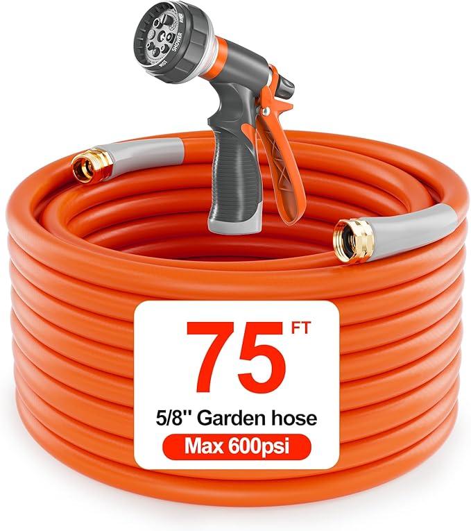 Garden Hose 75 ft x 5/8", Heavy Duty Water Hose, Flexible 75 foot garden Hose, Lightweight water Hose with Swivel Handle,3/4" Male to Female Fittings, Burst 600 PSI