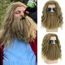 MAGQOO Golden Brown Wig with Beard Mustaches Men's Long Curly Wig Golden Brown Hair Wigs Halloween Cosplay Costume Party Wigs