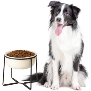 Ceramic Elevated Dog Food Bowl - Heavyweight Feeding Bowl with Metal Stand - Raised Pet Dish for Medium and Larges Dogs - 3.5 Cups - 54 oz - Beige