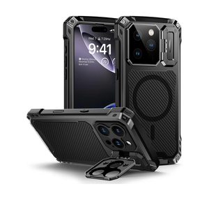 Lanhiem for iPhone 16 Pro Metal Case with Camera Cover & Stand [Compatible with MagSafe] [Built-in Kickstand] [Military-Grade Protection] Heavy Duty Rugged Magnetic Phone Case, Black