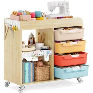 SYKIARIOL Rolling Organizer Storage Drawer Cart with 4 Drawers & Pegboard Panels,Printer Stand with Wooden Tabletop & Hanging Hooks,Multifunctional Storage Cabinets for Office & Living Room,Rainbow