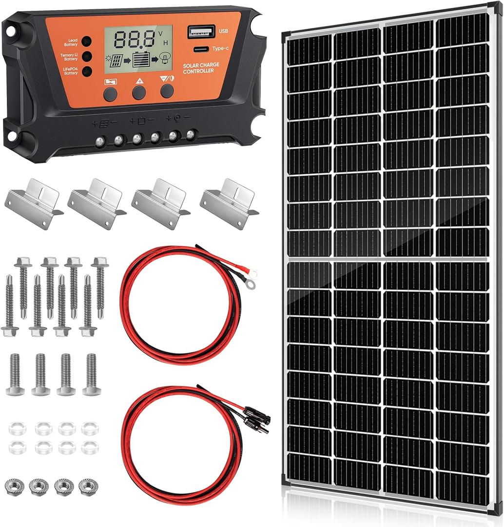 Bifacial 100W Solar Panel Kit with 10A PWM Charge Controller, Cables, Connectors & Mounting Brackets for RV, Boat, Marine, Home, Outdoor Off-Grid Solar System (200W Kit)