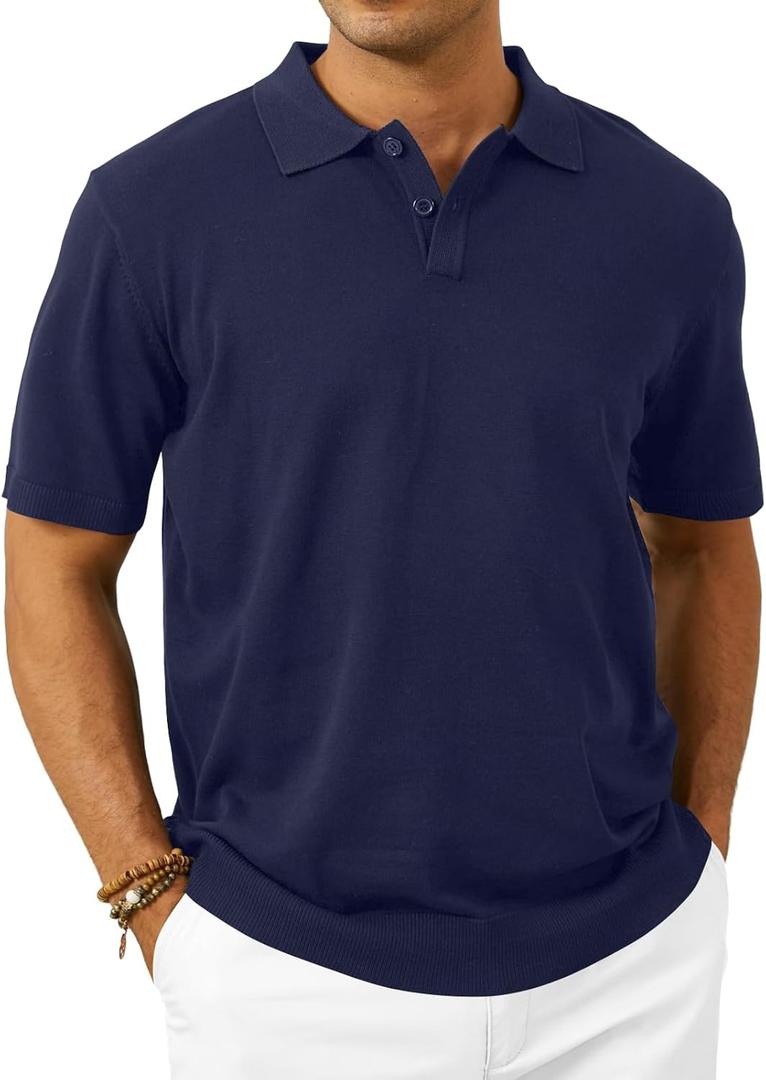 Mens Knit Polo Shirts Short Sleeve Casual Classic Collared Stretchy T-Shirts (Medium, Navy)