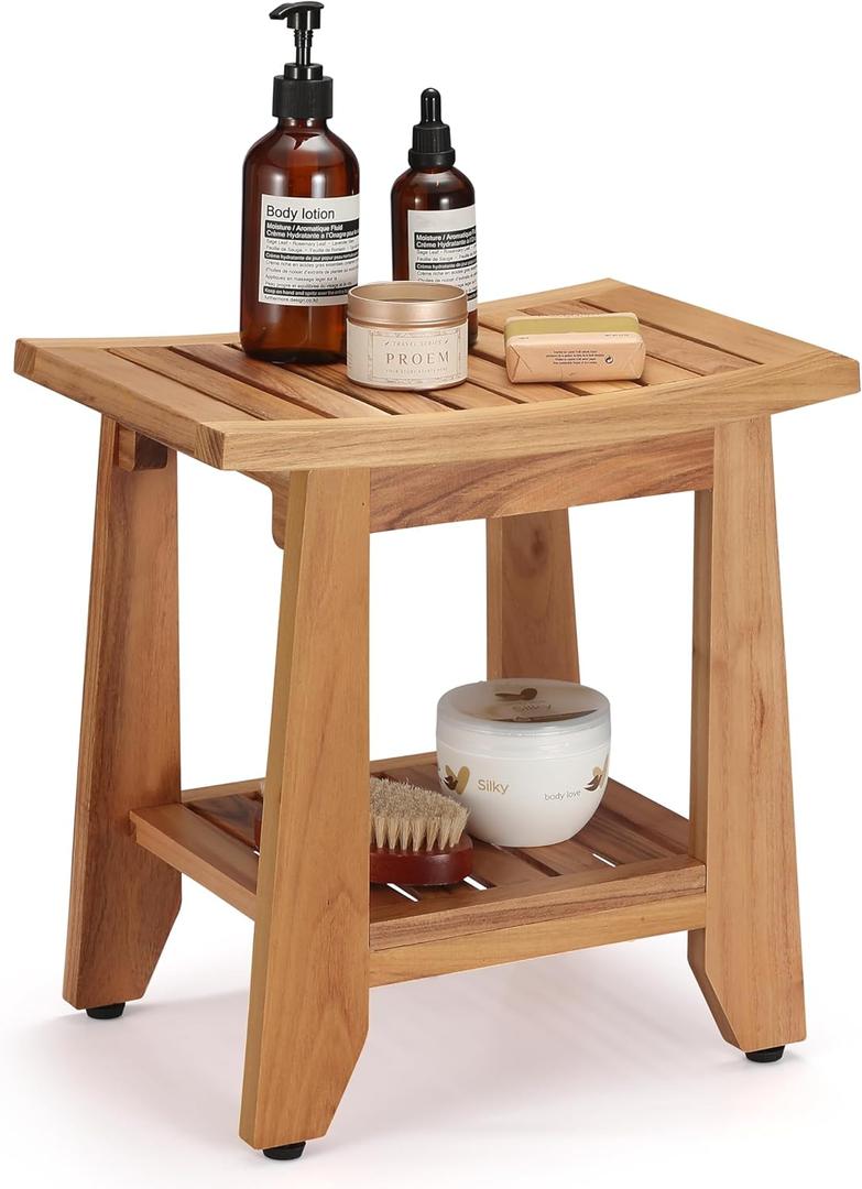 Teak Shower Bench Stool, 14'' Compact Waterproof Wooden Sauna Bath Bench with Storage Shelf, Non-Slip Solid Teak Shower Seat Chair for Small Bathrooms Inside Shower and Outdoor Use