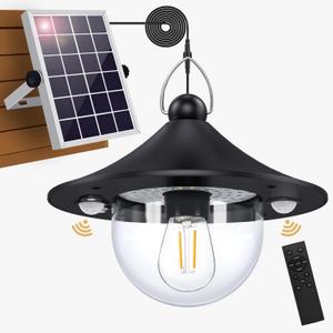 Solar Barn Light Indoor Outdoor Shed Lights Solar Powered with Remote & Motion Sensor, Waterproof Solar Hanging Pendant Lamp for Porch, Inside Home, Farmhouse, Gazebo, Chicken Coop (Black 1Pack)