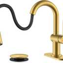KENES Brushed Gold Single Handle Bathroom Faucet with Pull Out Sprayer, Pull Down Bathroom Sink Faucet with Sprayer, Vanity Bar Faucet with Pop Up Drain & Deck Plate, KE-9065B-4