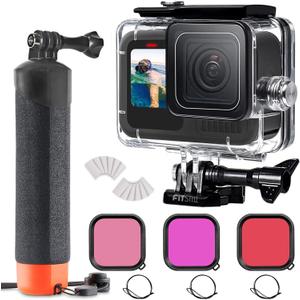 FitStill 60M/196FT Underwater Waterproof Protective Case for Go Pro Hero 13 Hero 12 Hero 11 Hero 10 Hero 9 Black,3Pack Filter Monopod Floating Hand Grip Selfie Stick Hero13/12/11/10/9 Black Accessory