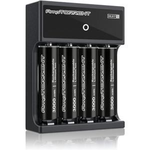 Rechargeable Lithium AA Batteries, 3000mWh Lithium AA Battery, AA Batteries Rechargeable with Charger, 2h Fast Charge, 1.5V Constant Output, Lasting Power, Leakproof Design, 1600 Cycles