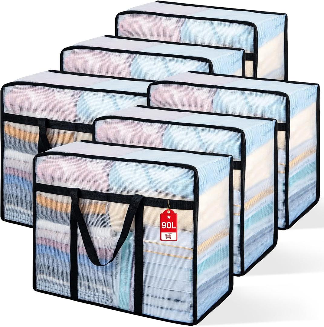 6 Pack Clear Blanket Storage Bags, 90L Plastic Comforter Clothes Storage Bags Underded Moving Bags Closet Organizers and Storage Zippered Sturdy Handle for Bedding, Clothes, Linen, Toys, Quilt, Duvet