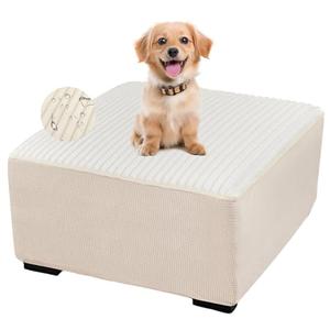 FUANGUI Ottoman Cover Square,Waterproof Thick Slipcover for Living Room, Washable Storage Footstool Furniture Protector for Dogs, Pets,with Nonslip Elastic Bottom, Off-White, Medium