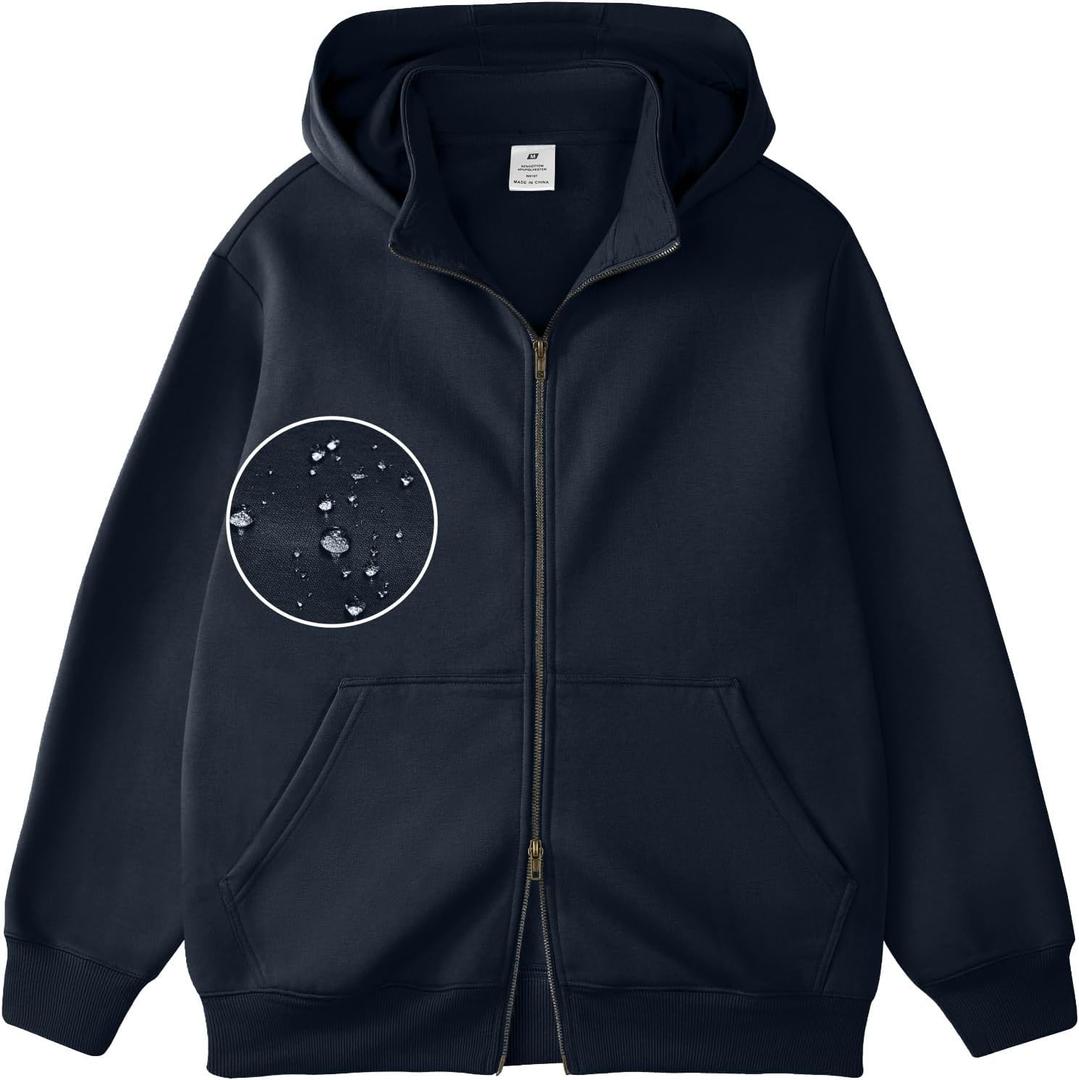 FAIABLE Mens Double Zip Up Hoodie Waterproof Heavyweight Hoodies Fleece Zipper Sweatshirt Rain Defender Jacket for Men (Large, Navy)