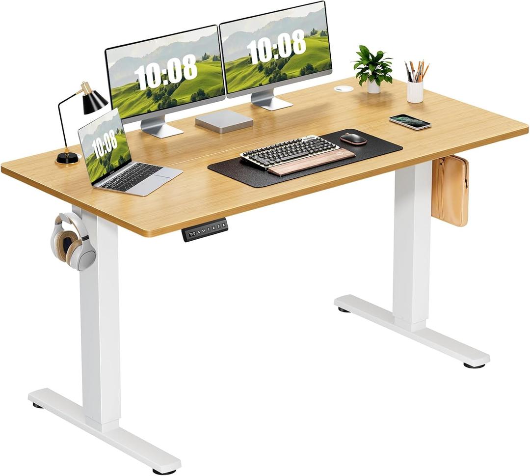 Sweetcrispy Electric Adjustable Height Standing Desk - 55 x 24 inch Sit to Stand Up Desk with Splice Board, Rising Home Office Computer Table with 2 Hook and Wire Hole for Work (Nature)