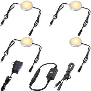 LED Bookcase Lights, Curio Under Cabinet Display Lighting, Daisy Chained Linkable Puck Light Strip, 120V Electric Plug in, Inline Touch Dimmer Black Cord, 4 Lights, Warm White 2700K