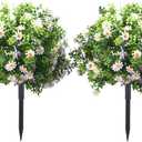 23.6" Artificial Boxwood Topiary Ball Trees with White Flowers, Set of 2 UV Resistant No Fade Outdoor Faux Plants with Ground Spike, Fake Shrubs for Garden, Patio, Porch, Yard, Indoor Decor
