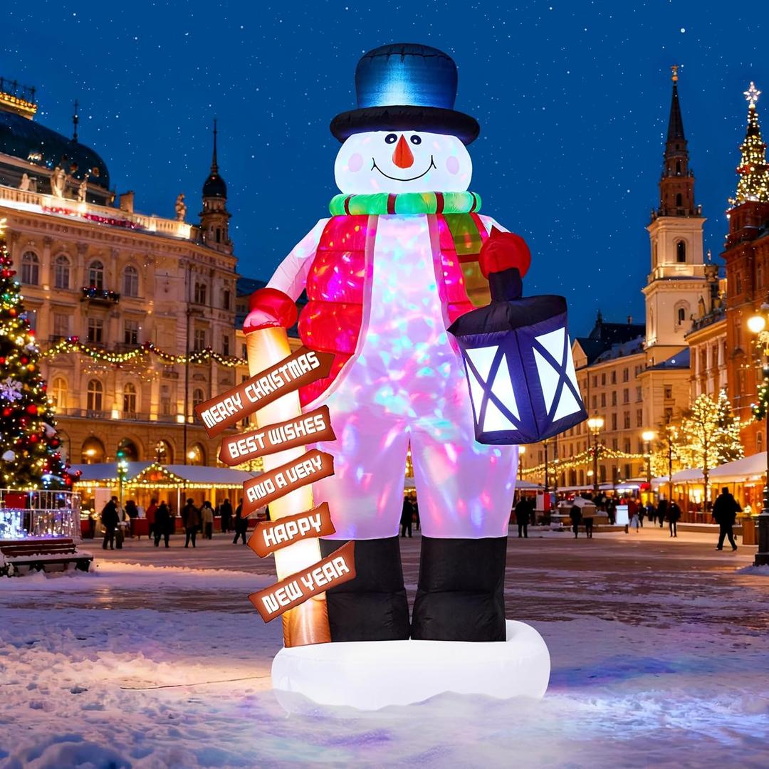 8FT Christmas Inflatable Snowman with Rotating RGB Lights, Holding Lantern & Waving, Outdoor Blow Up Decor with Rotating MultiColor for Yard Lawn Holiday Party, Garden, Party Gift