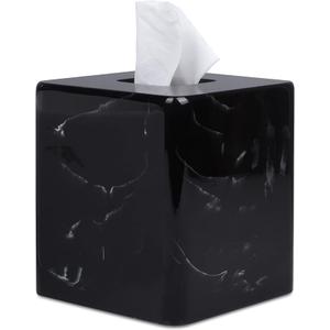 JUNGFORD Square Tissue Box Cover, Facial Napkin Holder for Living Room Office Bathroom, Marble Pattern Made of Resin (Black)