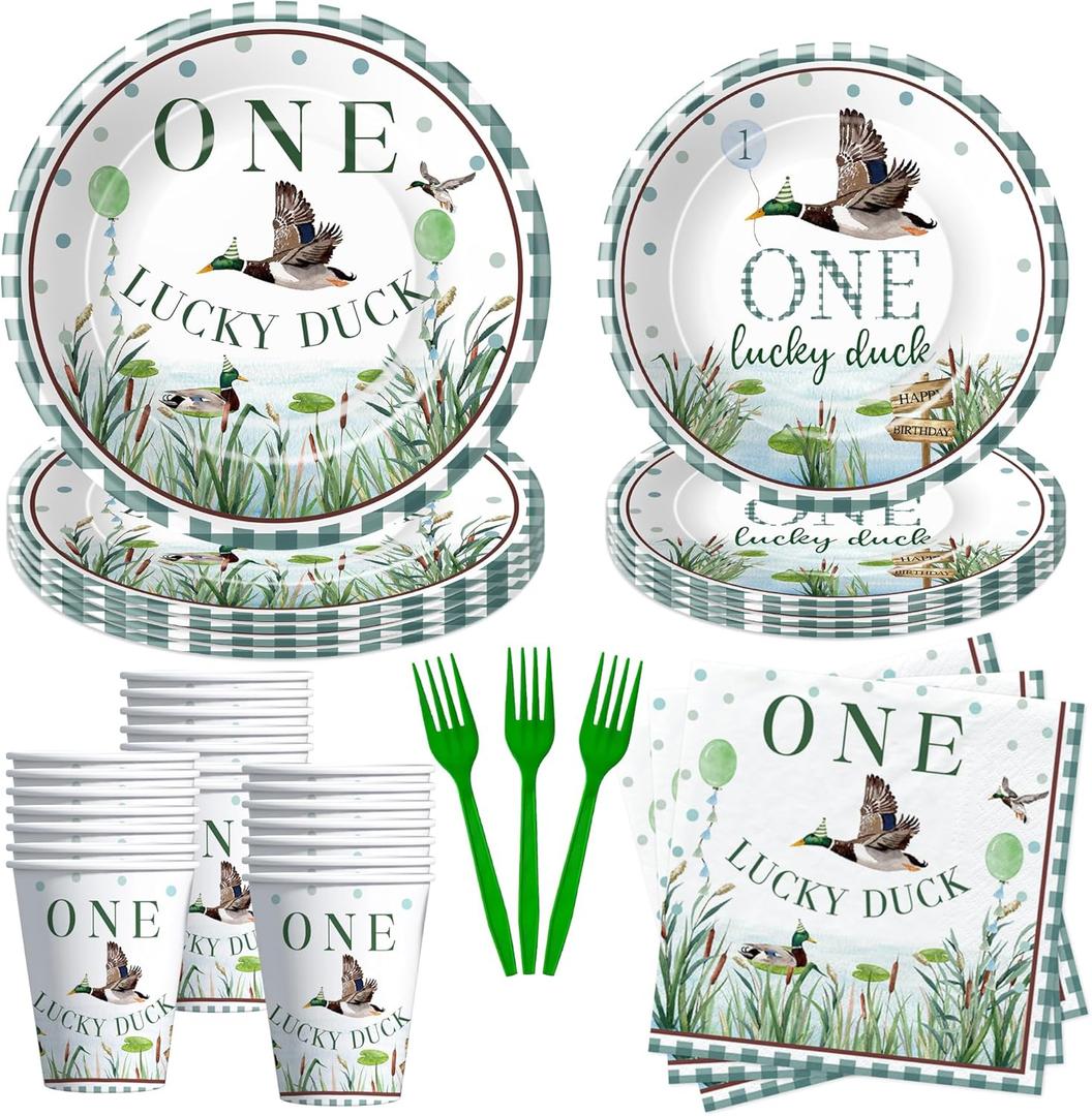 One Lucky Duck Birthday Party Supplies Decorations - Mallard Duck Hunting First Birthday Table Decorations Tableware, Paper Plate, Cup, Napkin, Fork | 24 Guests (1)