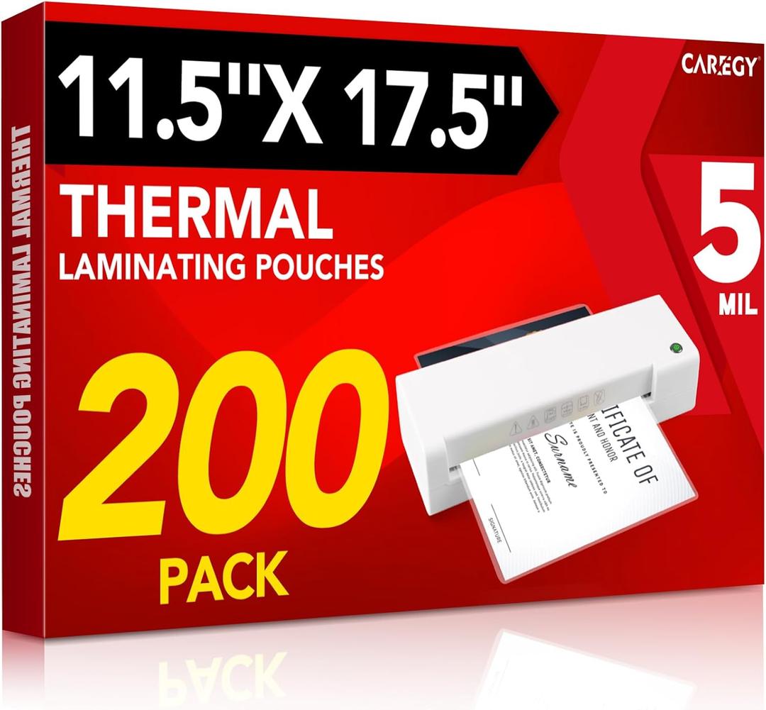CAREGY 200 Pack Laminating Sheets, Hold 11 x 17 Inch Sheet, 5 Mil Clear Thermal Laminating Pouches 11.5 x 17.5 Inch Lamination Sheet Paper for Laminator, Round Corner