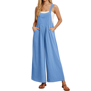IWOLLENCE Women's Summer Jumpsuits Boho Wide Leg Overalls Casual Loose Rompers with Pockets 2025, Small, Blue 