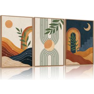 FWIEXA Vintage Boho Nature Framed Canvas Wall Art Set of 3, Minimalist Geometric Sun Moon Line Wall Prints, Abstract Green Leaf Painting, 24x36In Modern Beige Navy Blue Artwork for Living Room,Bedroom