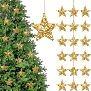 24 Pcs 3D Gold Glitter Star Christmas Tree Ornaments Holiday Decorations Stars Ornaments for Christmas Trees, Holiday, Wedding, Xmas Party Decorations