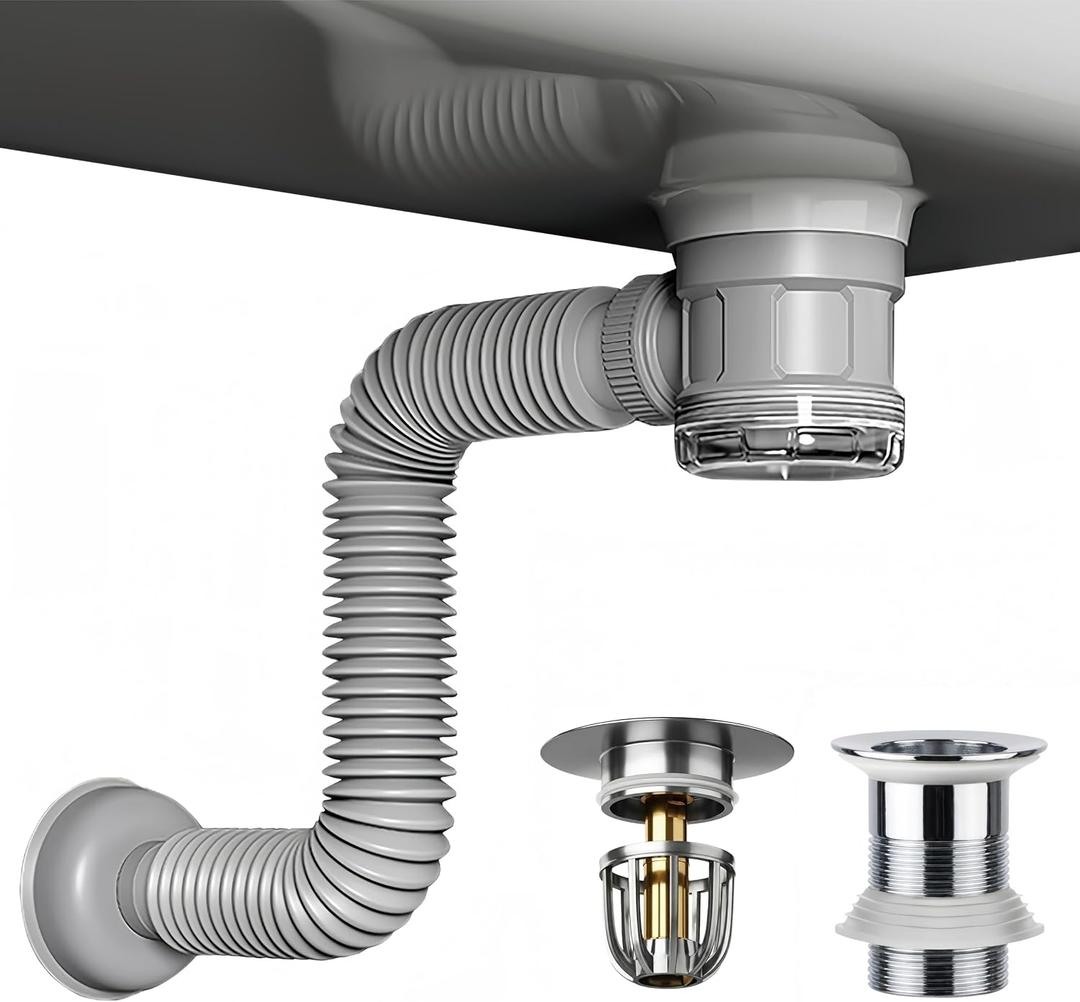 Bathroom Sink Drain Kit with Flexible Expandable Pipe: Odor-Free & Backflow-Preventing, Space-Saving Design without a P-trap, For 1-1/4'' & 1-1/2'' Drain Hole (Chrome, Without Overflow)