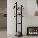 Solid Wood Rotary Coat Rack, Freestanding Coat Rack with 3 Shelves and 9 Hooks, Coat tree for Bedroom, Entryway, Livingroom, Coat Hanger Stand for Coats, Scarves, Handbags (Black)