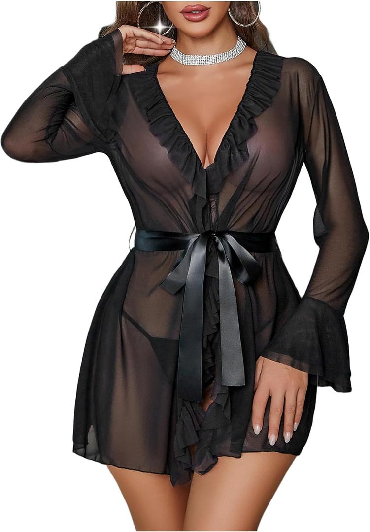 Avidlove Mesh Lingerie Robe Sets Long Sleeve Kimono Nighty With Thong | Sexy, Long Sleeve, Soft, Sheer Mesh, Robe with Thong, Ruffle Bell Sleeves