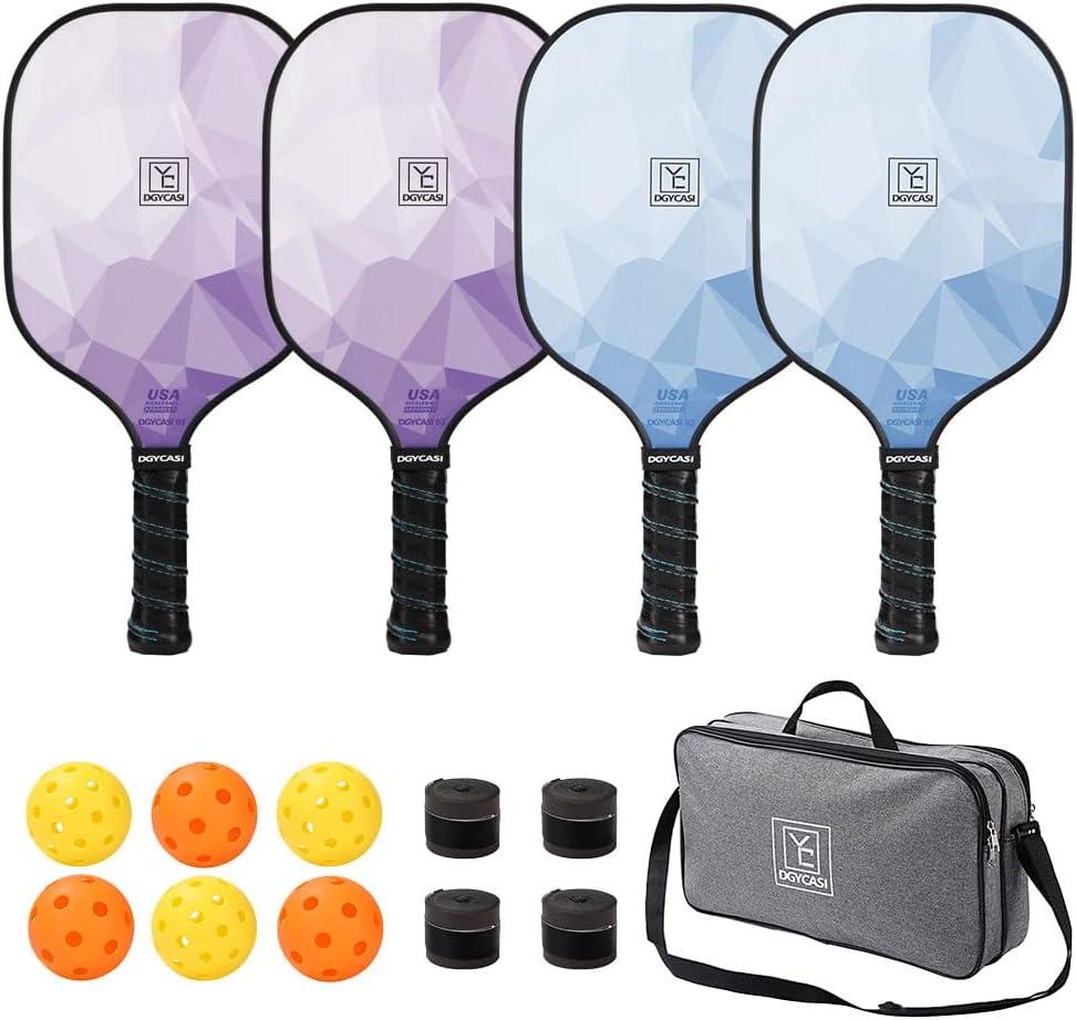 Pickleball Paddles Set of 4, USAPA Approved Pickleball Set, Fiberglass Pickle Ball Rackets, 3 Outdoor Pickleball, 3 Indoor Pickleball Balls, 4 Pickleball Overgrip, 1 Pickleball Bag for Women and Men (Blue Purple)