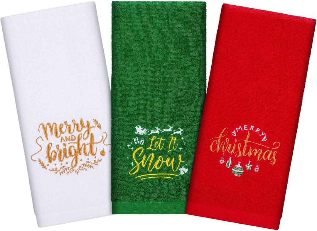 3 Pack Christmas Hand Towels 100% Cotton Large Size 25 x 14 Inch Christmas Theme Embroidery Towels for Christmas Home Bathroom Kitchen Decor (Red, Green, White)