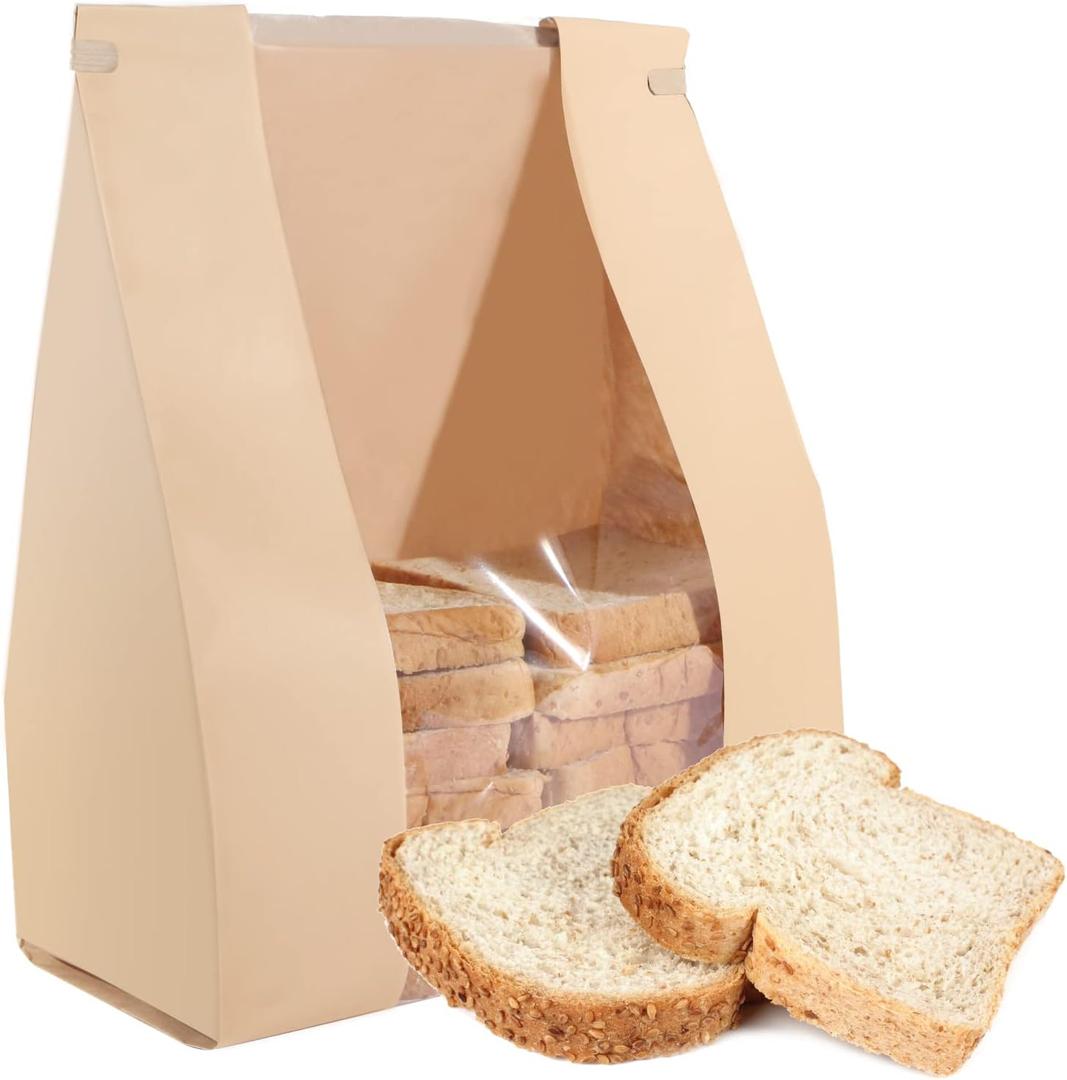 AeKahtay 50 Pack Bakery Bags with Window, 13.8 x 9.4 Inch Large Paper Bread Bags for Homemade Bread, Tin Tie Tab Lock Brown Window Bag for Toast, Cookie, Loaf, Candy, Nuts