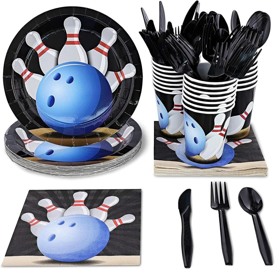 Juvale Kids Bowling Birthday Party Supplies - Set of 24 Serve Plate, Knives, Spoons, Forks, Napkins & Cups for Bowling Birthday Party Decorations