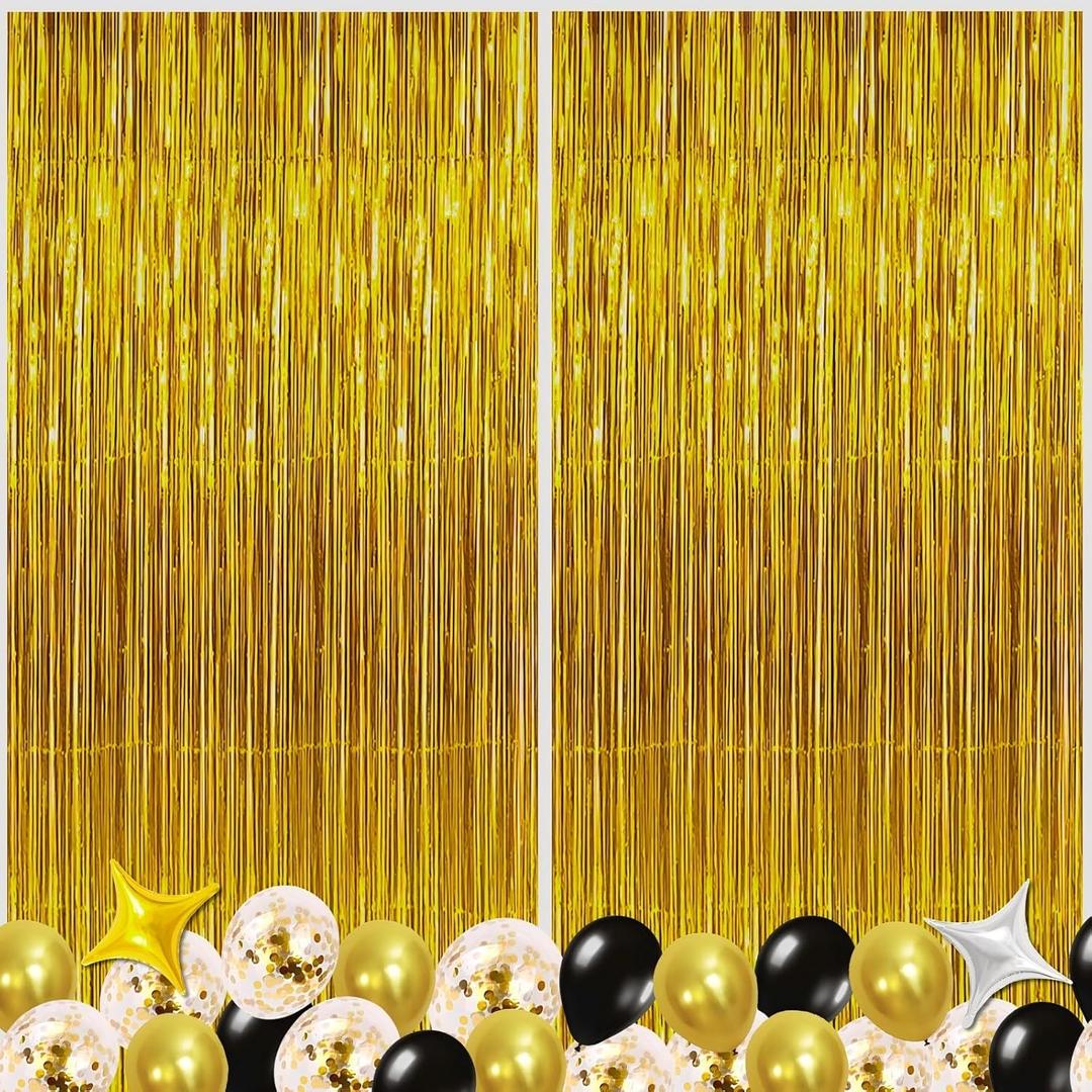 Gold Foil Streamer Party Backdrop Kit  2-Pack Metallic Fringe Curtains with Balloons & Garland (Gold, Black & Silver) for Birthday, Wedding, Holiday Photo Booths