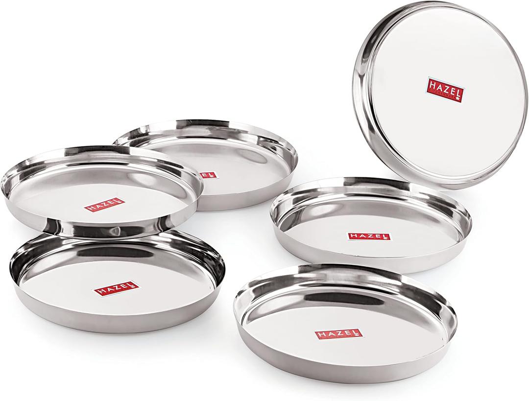 Hazel Stainless Steel Dinner Plates Set of 6 | Unbreakable, Mirror Finish Thali for Indian Dining | Premium Quality Steel Plates for Meals, Serving, Camping & Outdoor Use | Dishwasher Safe