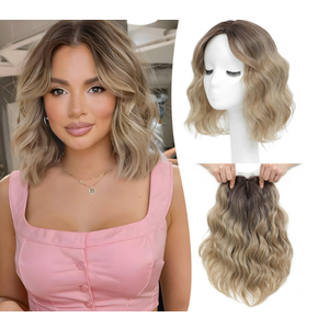 Ms Taj 11 Inch Short Wavy Hair Topper for Women with Thinning Hair, Natural Synthetic Lightweight & Breathable Hairpiece with 6.5"x6.5" Base, Instantly Adds Volume and Coverage（Ombre Brown Blonde） 
