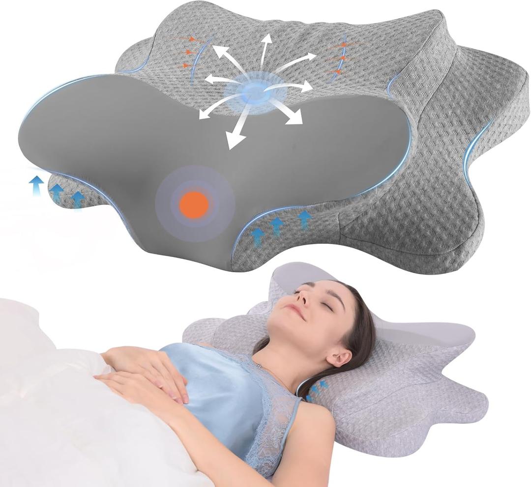 Cervical Neck Pillow - Memory Foam Pillow for Pain Relief Sleeping, Ergonomic Neck Support Contour Pillows for Side Back Stomach Sleepers,Orthopedic Breathable Pillowcase, Grey