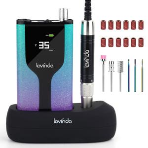 Lavinda Professional Nail Drill Machine, Cordless Rechargeable 35,000RPM Brushless Nail Drill, Portable Electrical Nail File for Acrylic Nails with Charging Base, Bling Green Purple Gradient
