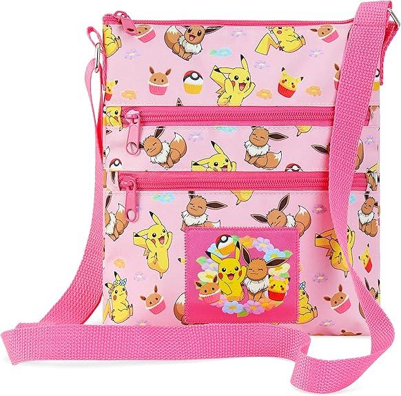 Pokemon Shoulder Bag Kids Teens 3D Pikachu Crossbody Bag Travel Vacation Anime Gifts (Pink Aop)