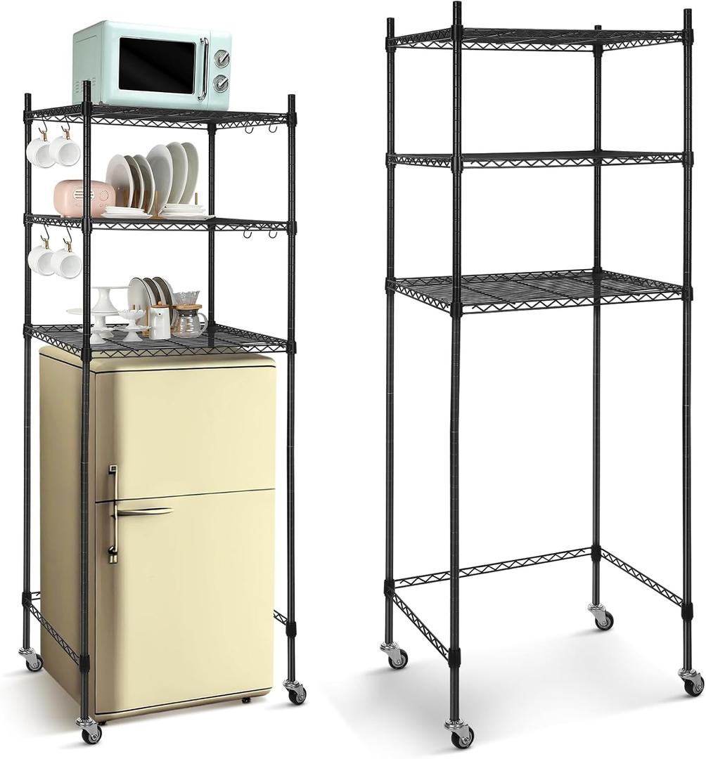 Tioncy 3 Tier Mini Fridge Shelf Microwave Stand Adjustable Fridge Storage Rack with Lockable Wheels and 8 Hook Multilayer Metal Shelving Organizer for Dorm Apartment Kitchen Office Bathroom(Black)