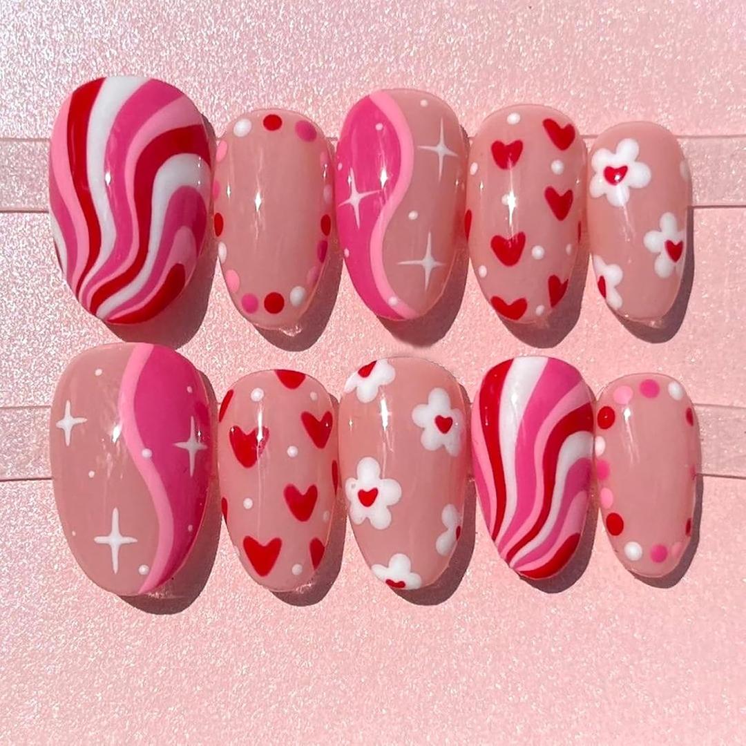 30Pcs Short Almond Press on Nails Valentines Fake Nails with Flower Love Heart Stripe Design Pink Full Cover False Nails Valentines Heart Nails Press ons Full Cover Artificial Stick on Nail for Women